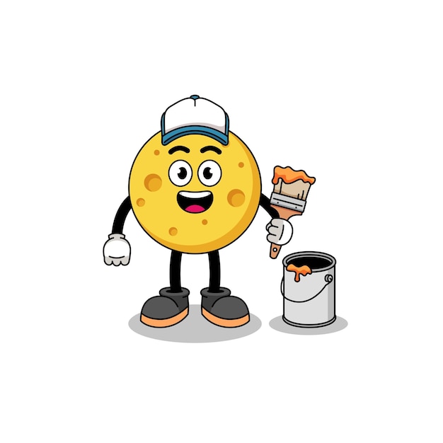 Character mascot of round cheese as a painter