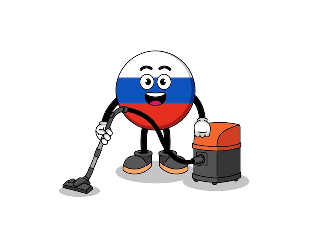 진공 청소기 캐릭터 디자인을 들고 있는 러시아 국기의 캐릭터 마스코트