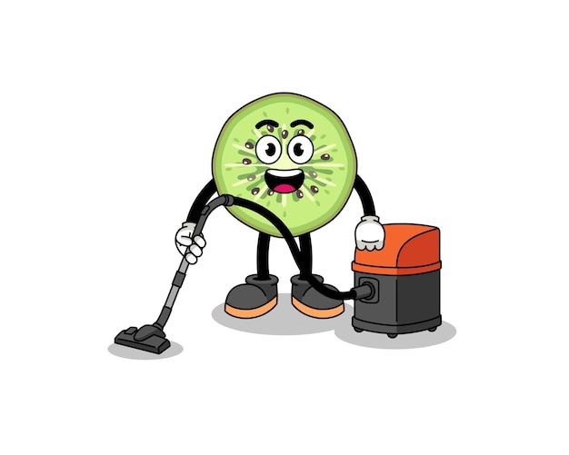Character mascot of sliced kiwifruit holding vacuum cleaner
