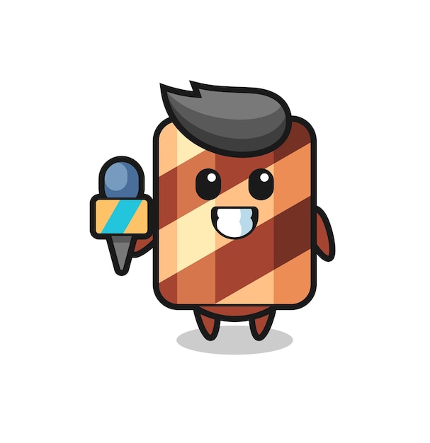 Character mascot of wafer roll as a news reporter