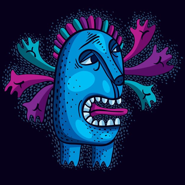 Vector character monster vector flat illustration, cute blue mutant. drawing of weird beast, emotional expression.