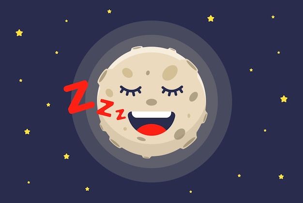 キャラクターの月は夜眠り、フラットベクトルイラストをいびきをかく