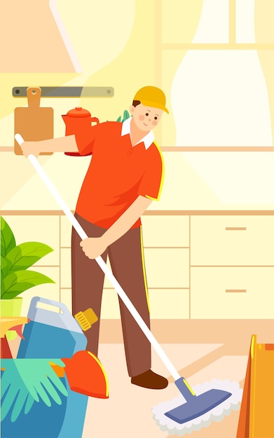 Character mopping floor in kitchen at home labor day vector illustration