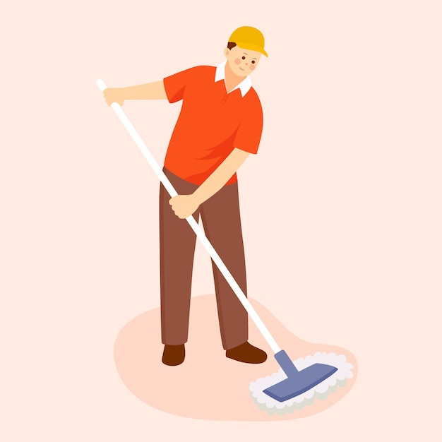 Character mopping floor in kitchen at home labor day vector illustration