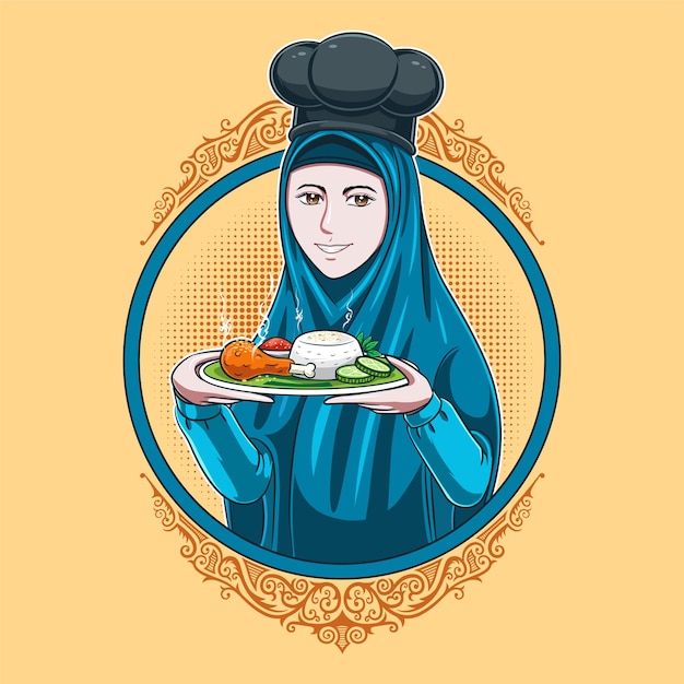 Персонаж мусульманской женщины-официантки в ресторане, несущей еду