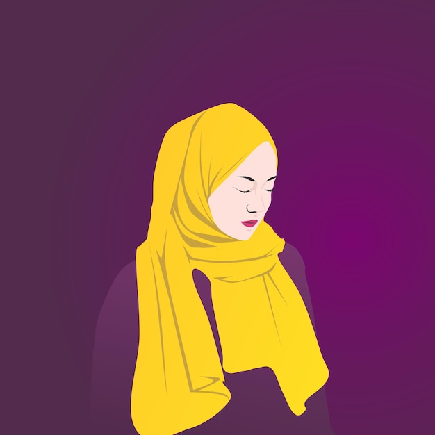 Character of muslim woman with yellow hijab and purple background