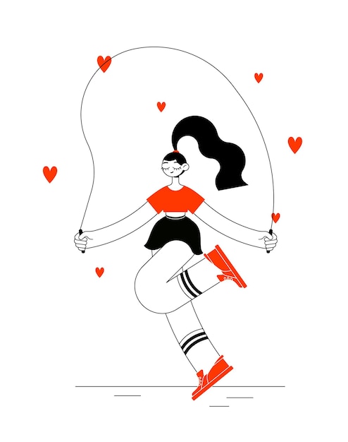 Вектор Персонаж счастливая девушка в красных носках футболки и кроссовках счастливо прыгает через скакалку