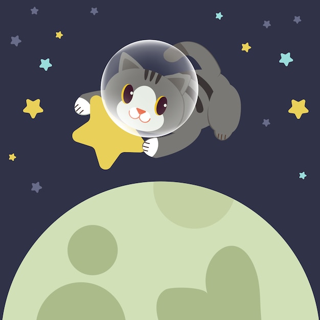 かわいい猫のキャラクターが宇宙に黄色い星をかざします。