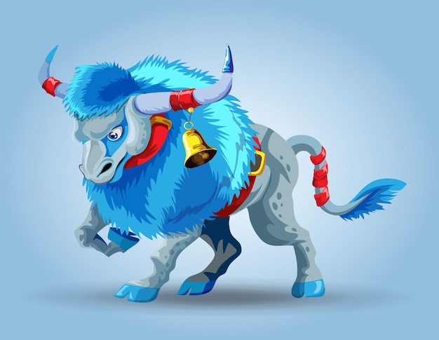 Персонаж снежно-синего быка. синий телец с длинной гривой. символ нового 2021 года.