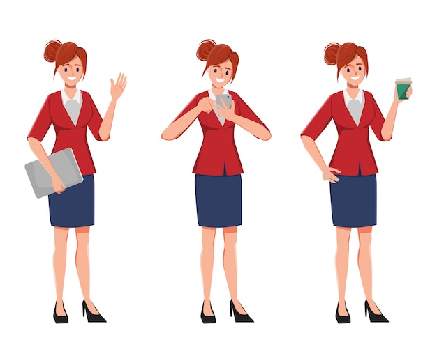 Character office businesswoman in suit dress pose set. office people job creation character.