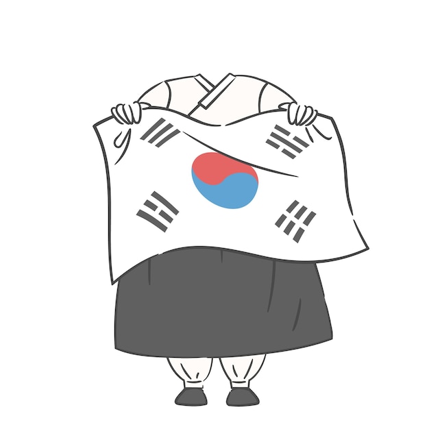 옛 한국 의 옷 을 입은 인물 이 얼굴 을 어 놓은 국기 를 들고 있다