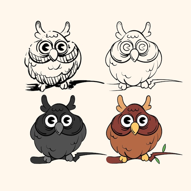 4つのバリエーションに設定されたキャラクターフクロウsketchlineartcolorlessとcoloredヴィンテージトゥーンを描く段階面白いキャラクターベクトルイラストトレンディな古典的なレトロな漫画のスタイル