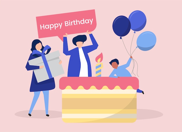 사람들의 캐릭터와 생일 파티 테마 일러스트