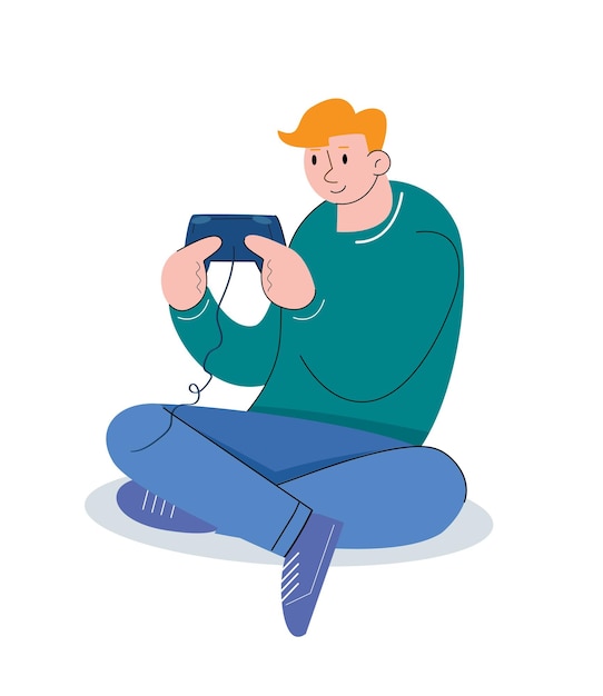 character people holding game console vector illustration