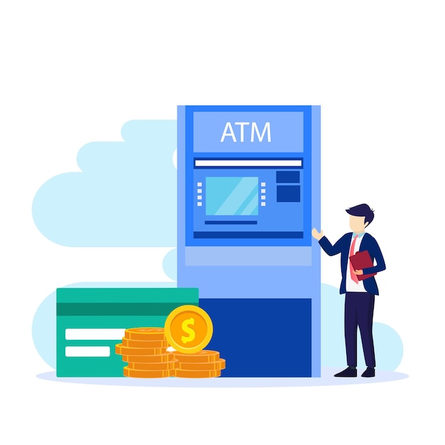 Vector the character of the person makes money withdrawals at atms flat vector cash withdrawal from atms