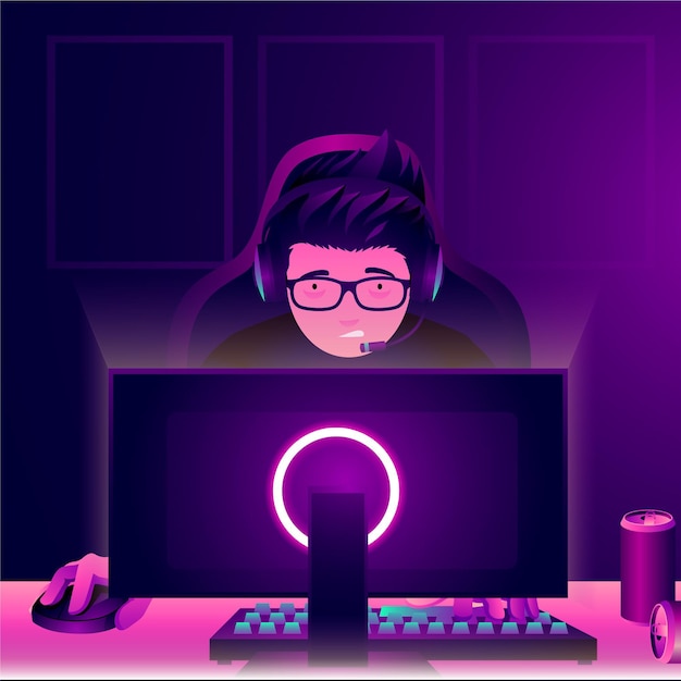 Vector character playing online games in the middle of the night