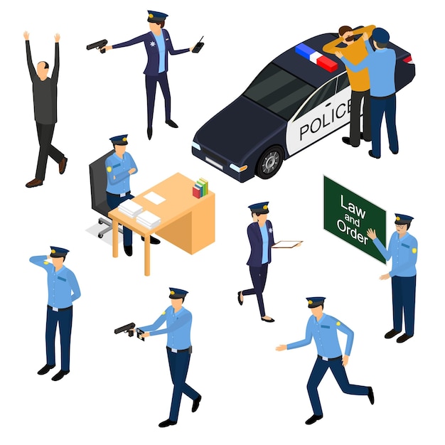 Vector character policeman in uniform 3d icon set isometric view include of car and gun vector illustration of sitting running and standing person