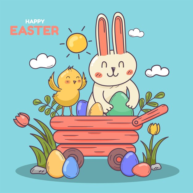 Character of rabbit and chicken baby cute on cart with easter egg on blue backgroundhand drawn vectorillustration