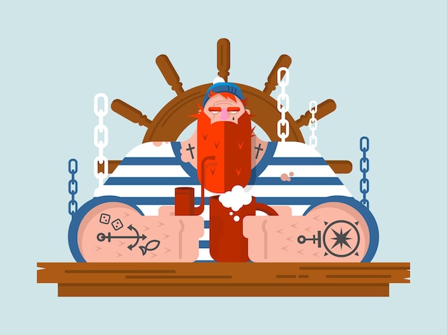 Vector character sailor. person marine man and steering wheel wooden, nautical human with beard, flat  illustration