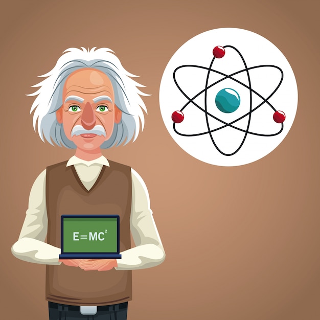 Vettore scheda fisica dello scienziato del carattere con la formula e l'atomo