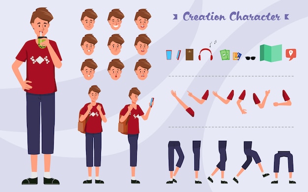 Character set for animation young man backpack for animated with emotions face.