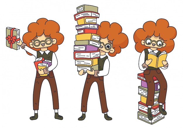 Character set literary fan. red-haired nerd boy in glasses with a stack of books. book as a gift. book sale, stock. international children's book day. student's day. isolated   illustration.