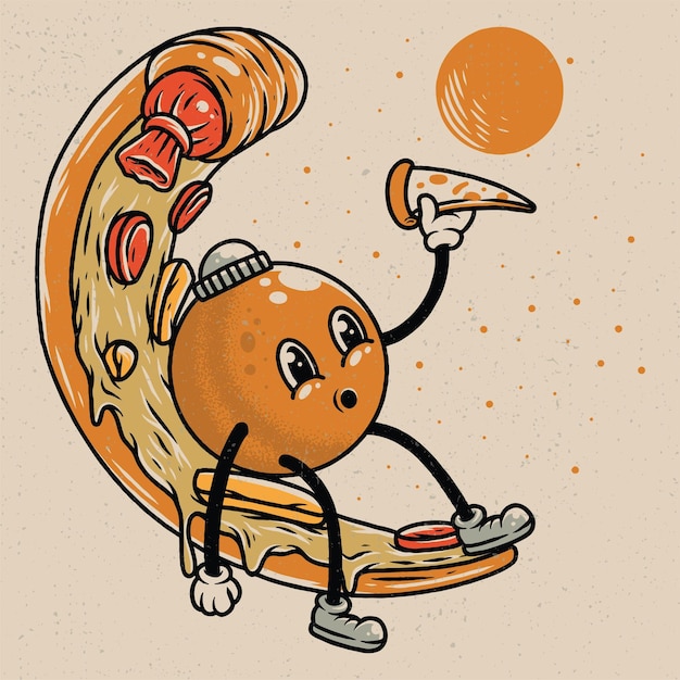 Vettore il personaggio si siede sull'illustrazione della luna della pizza