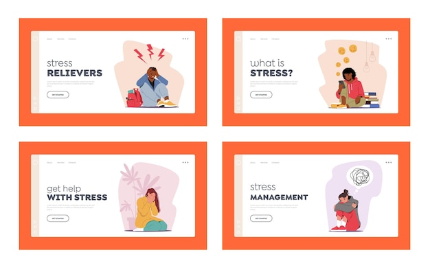 Vector character in stress or depression landing page template set. depressed people with bewildered thoughts feel unhappy