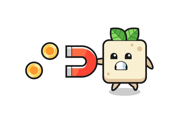 The character of tofu hold a magnet to catch the gold coins , cute style design for t shirt, sticker, logo element