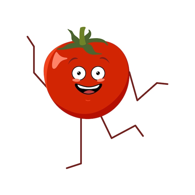 Vector character tomato with emotions dancing the funny or sad hero red fruit