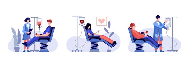 Vector character volunteers donating blood sitting in chairs in hospital