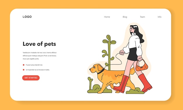 犬と一緒に歩くキャラクターのウェブバナーまたはランディングページ幸せな女性とペットが一緒に時間を過ごす動物と人間の友情フラットベクトルイラスト
