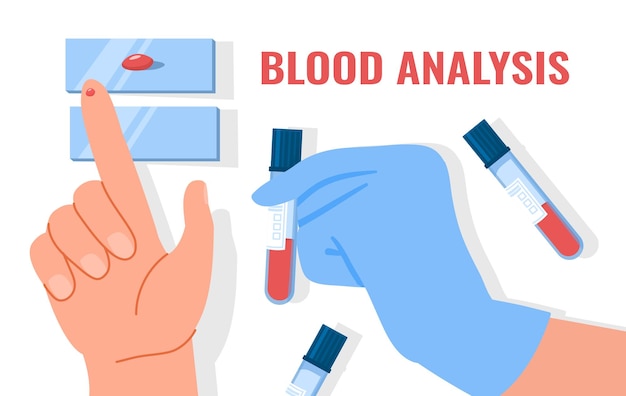 Personaggio con il concetto di analisi del sangue palloni con plasma e lama assistenza sanitaria e diagnosi controlli regolari test di insulina e glucosio per il diabete illustrazione vettoriale piatta dei cartoni animati