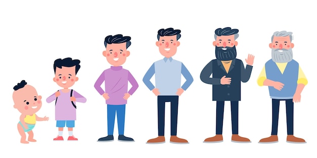 Character with human life cycles vector illustration character of a man in different ages from youth to maturity the life cycle a baby a child a teenager an adult an elderly person