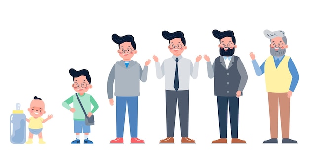 Vector character with human life cycles vector illustration character of a man in different ages from youth to maturity the life cycle a baby a child a teenager an adult an elderly person