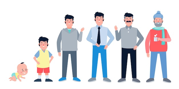 Vector character with human life cycles vector illustration character of a man in different ages from youth to maturity the life cycle a baby a child a teenager an adult an elderly person