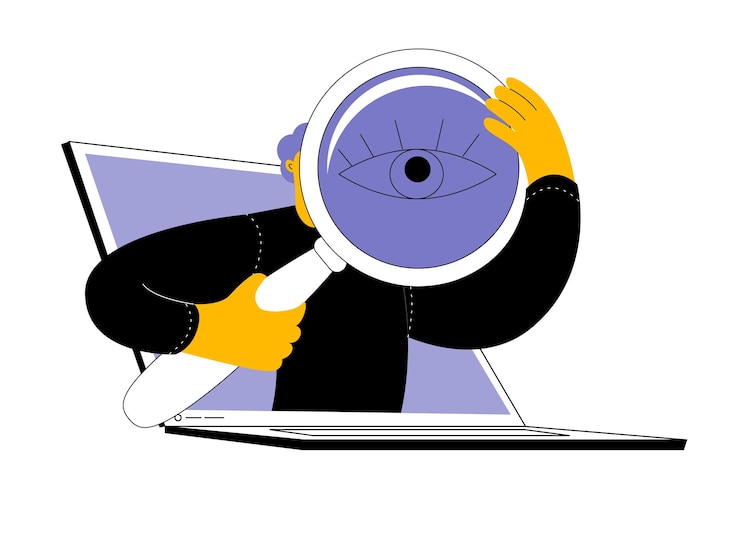 Vector a character with a large magnifying glass is looking for something online