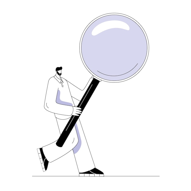 A character with a magnifying glass is looking for something.