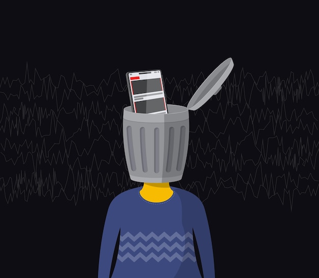 Vector character with a trash can with a smartphone instead of a head the concept of redundant information