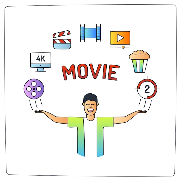 Character with video production cinema movie doodle icon