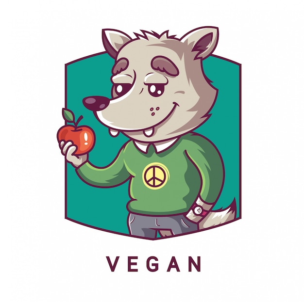 character wolf holding an apple in his paw. vegetarian character. emblem illustration.