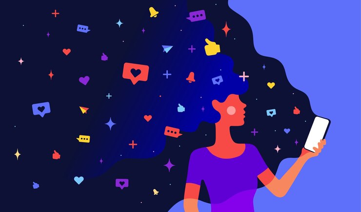 Вектор характер женщины-девушки с социальными сетями вселенной иконы в волосах