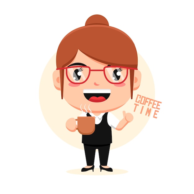 Character of woman holding cup of coffee with eyeglasses