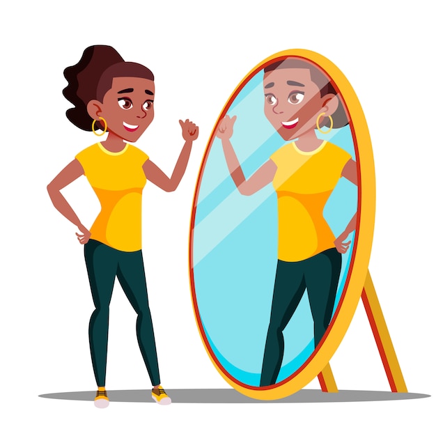 Vector character woman watch mirror and admires
