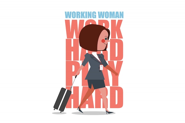 Character of working woman lugging briefcase. business people design flat style