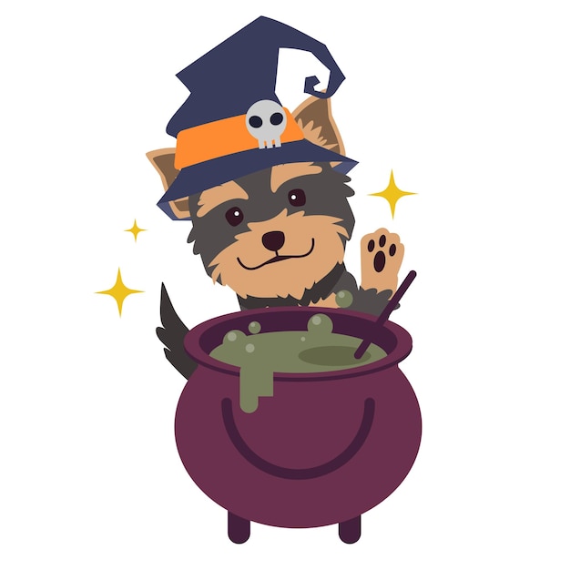 The character of Yorkshire terrier dog with witch costume for Halloween theme set.