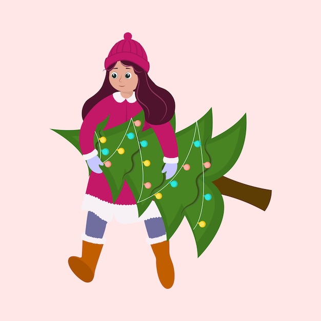 Personaggio di giovane ragazza che porta l'albero di natale in abiti di lana su sfondo rosa