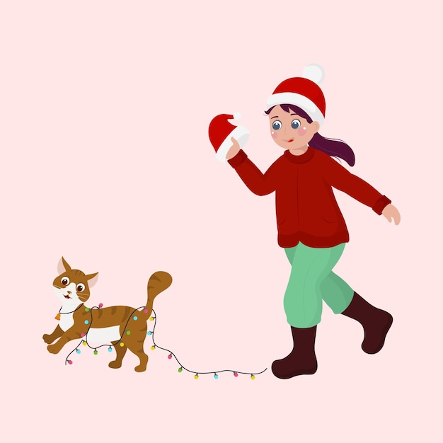 Character Of Young Girl Running After Cat With Lighting Garland On Pink Background