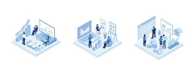 Characters analyzing financial data and planning investment strategy, People examining financial