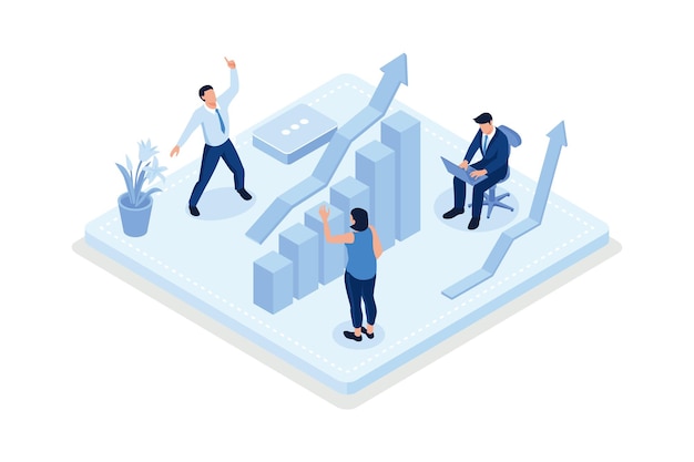 Characters analyzing marketing data Business activities concept isometric vector modern illustration